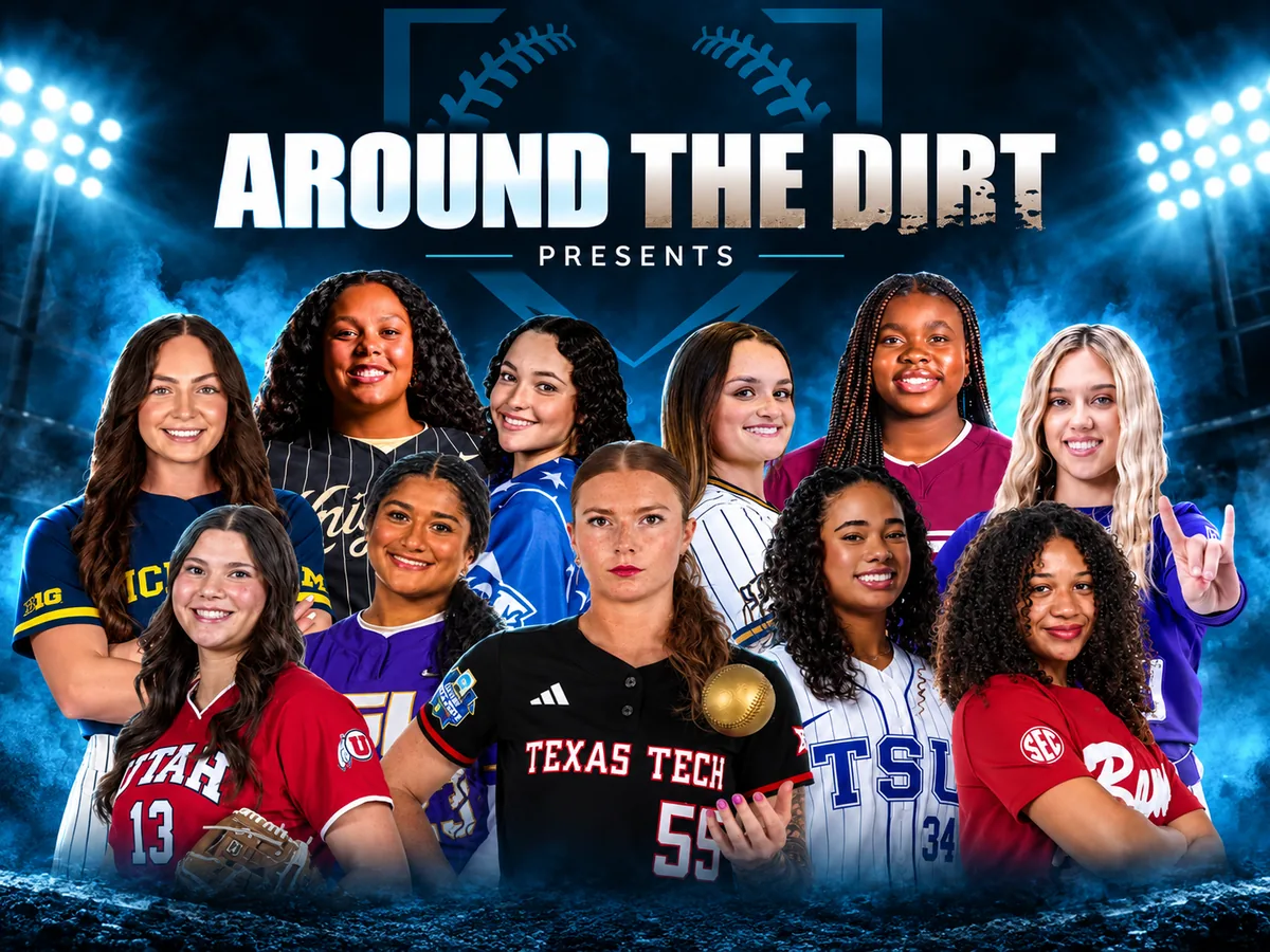 Around the Dirt Presents: a group of college softball players in their team jerseys