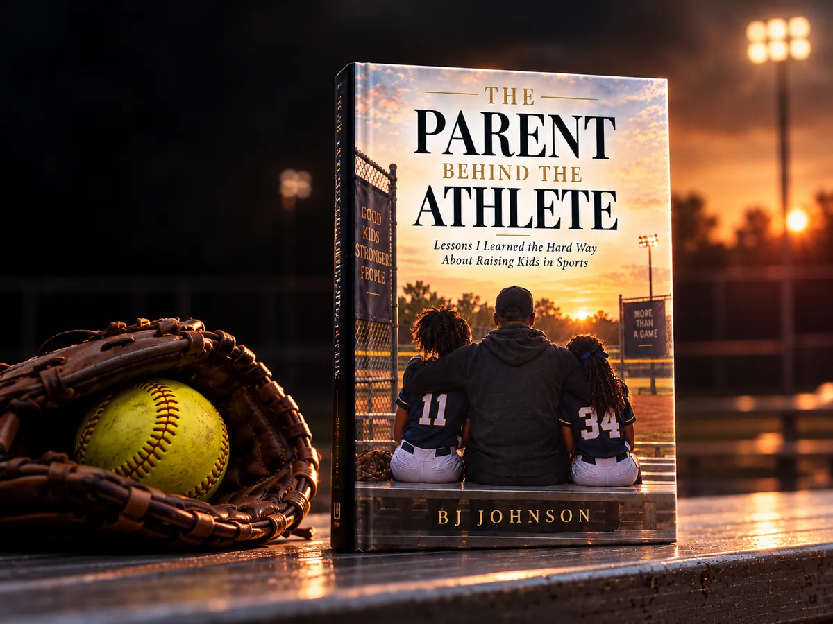 The book The Parent Behind the Athlete by BJ Johnson beside a softball and glove at sunset