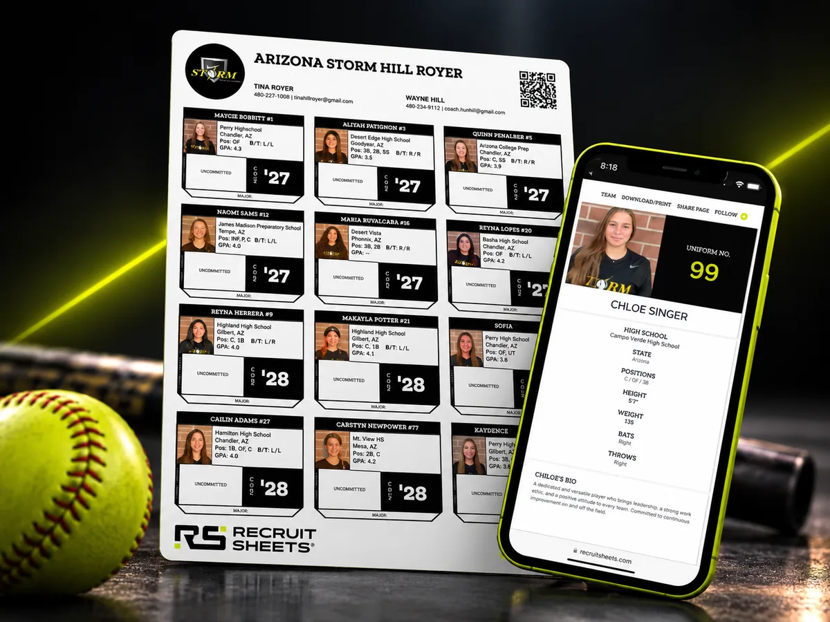 A Recruit Sheets printed team sheet and mobile athlete profile beside a softball