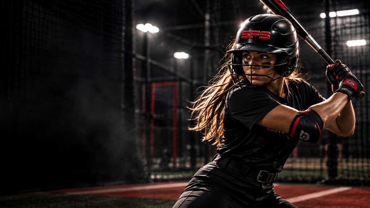SFS softball hitter in a batting cage, loaded and ready to swing